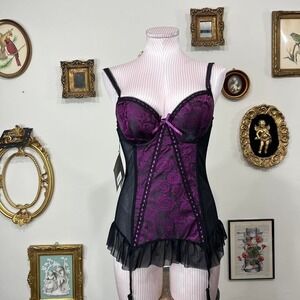 Vintage Y2K Rene Rofe Signature Collection Black & Purple Rose Lace Bustier